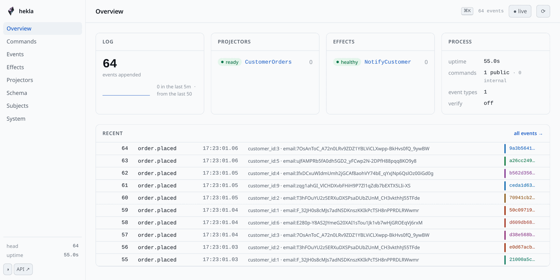 The hekla admin console overview, showing the log head, projector and effect health, and a list of recent events